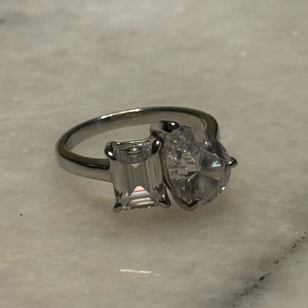 Clear Crystal Two-Stone Silver Ring - Women's Fashion Band